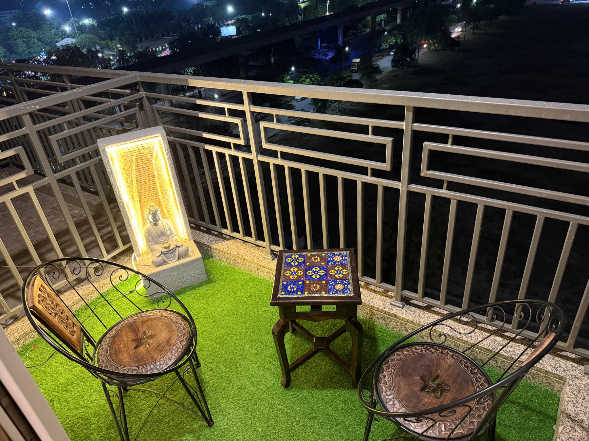 Balcony seating at night